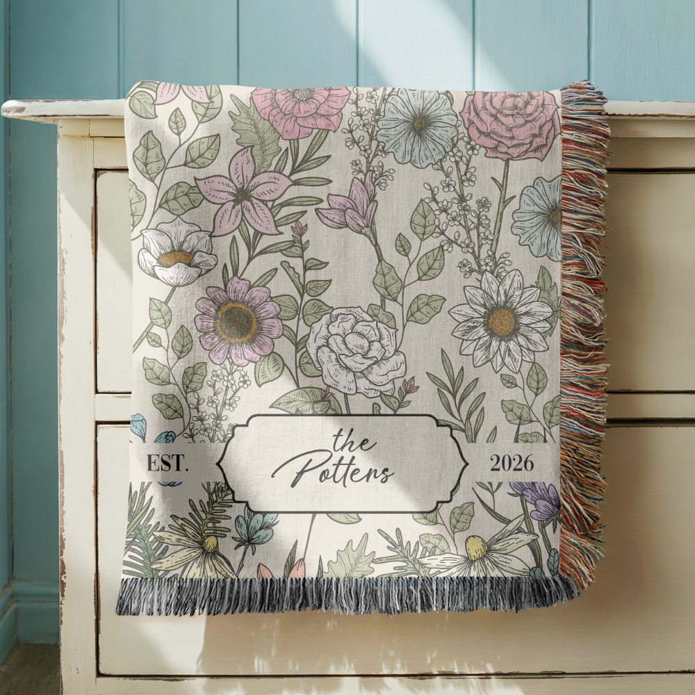 Personalized Family Name Woven Blanket, Custom Floral Throw Blanket, Botanical Housewarming Gift, Wedding Keepsake, Est Date Gift