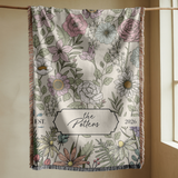 Personalized Family Name Woven Blanket, Custom Floral Throw Blanket, Botanical Housewarming Gift, Wedding Keepsake, Est Date Gift