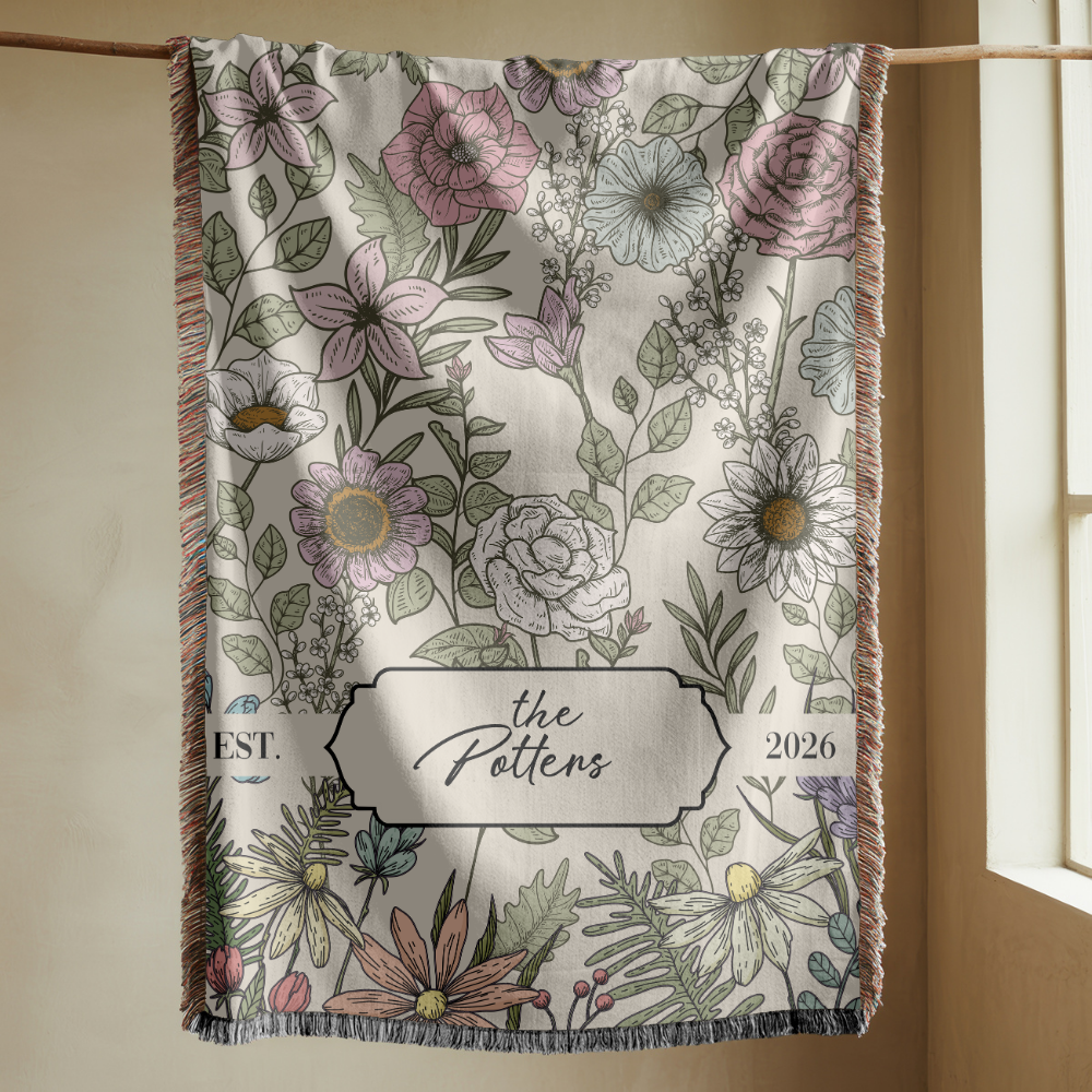 Personalized Family Name Woven Blanket, Custom Floral Throw Blanket, Botanical Housewarming Gift, Wedding Keepsake, Est Date Gift