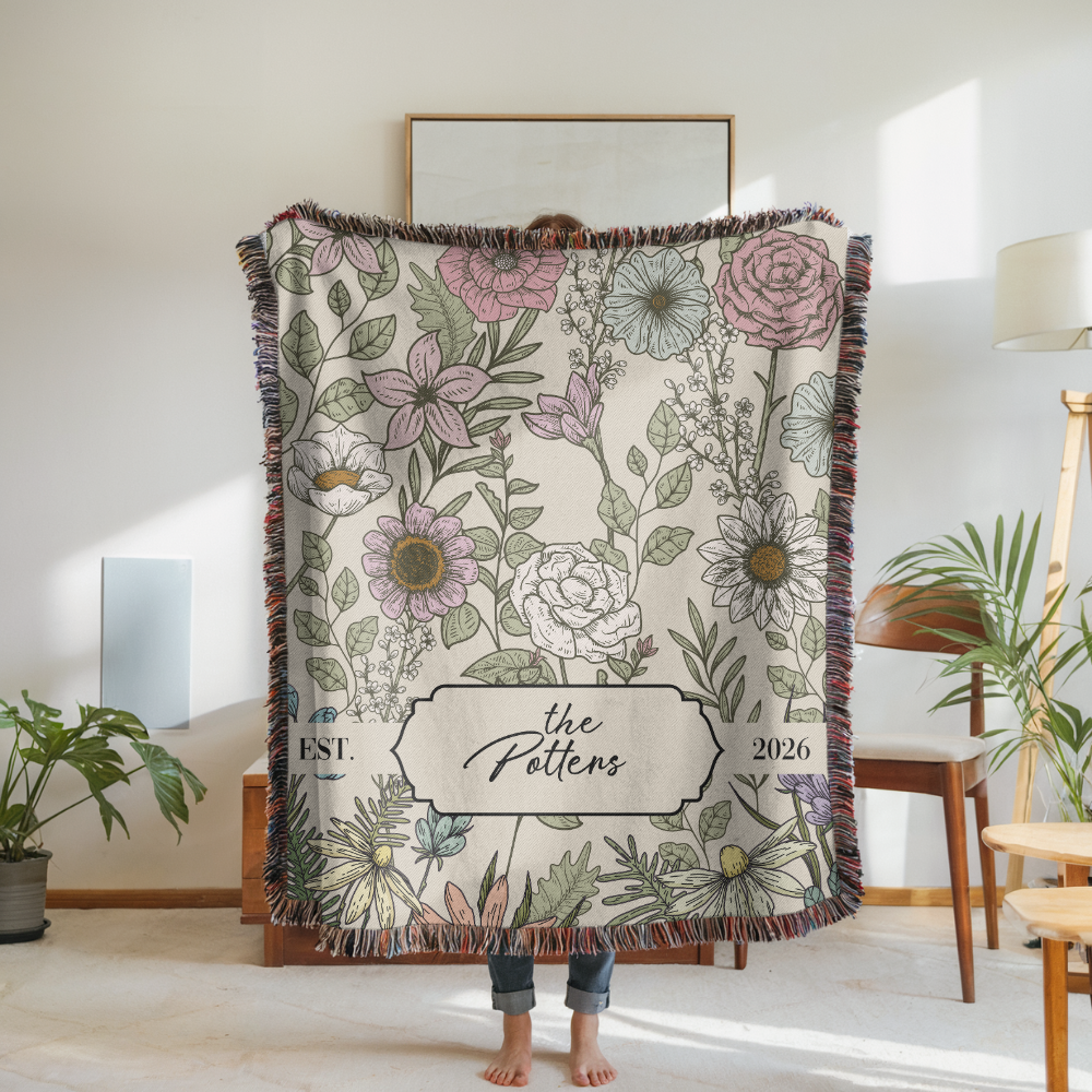 Personalized Family Name Woven Blanket, Custom Floral Throw Blanket, Botanical Housewarming Gift, Wedding Keepsake, Est Date Gift