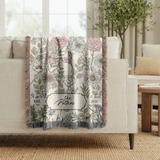Personalized Family Name Woven Blanket, Custom Floral Throw Blanket, Botanical Housewarming Gift, Wedding Keepsake, Est Date Gift