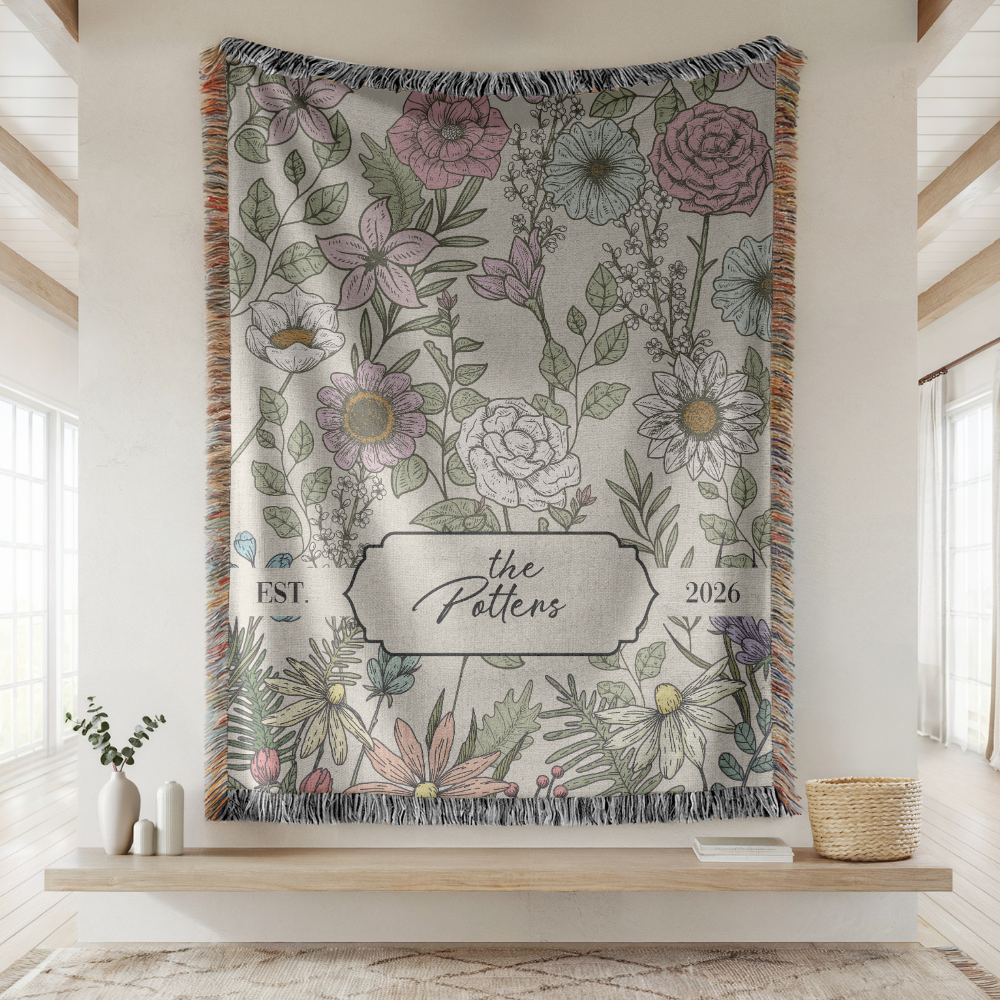 Personalized Family Name Woven Blanket, Custom Floral Throw Blanket, Botanical Housewarming Gift, Wedding Keepsake, Est Date Gift