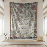 Personalized Family Name Woven Blanket, Custom Floral Throw Blanket, Botanical Housewarming Gift, Wedding Keepsake, Est Date Gift