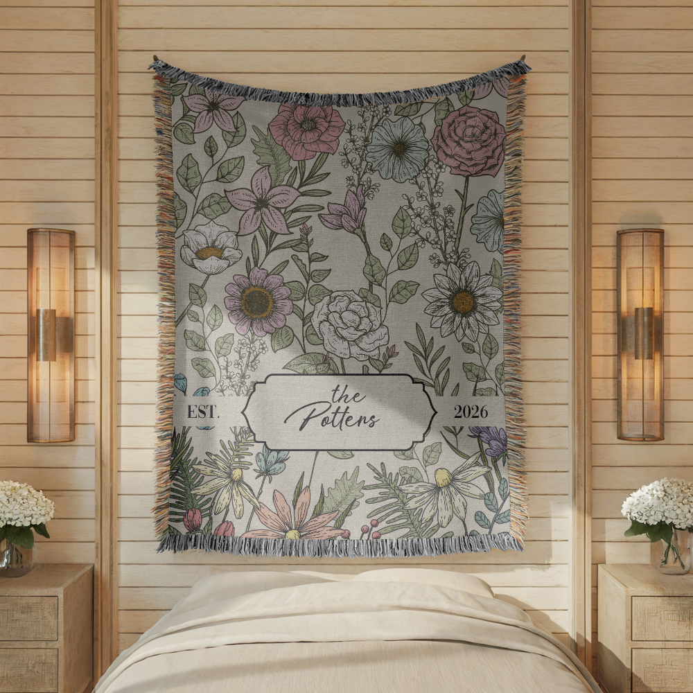 Personalized Family Name Woven Blanket, Custom Floral Throw Blanket, Botanical Housewarming Gift, Wedding Keepsake, Est Date Gift