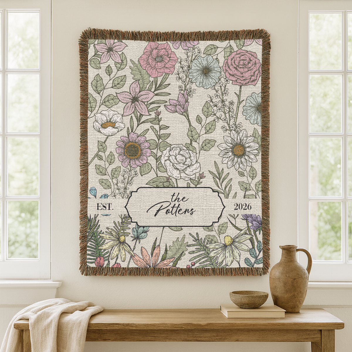 Personalized Family Name Woven Blanket, Custom Floral Throw Blanket, Botanical Housewarming Gift, Wedding Keepsake, Est Date Gift
