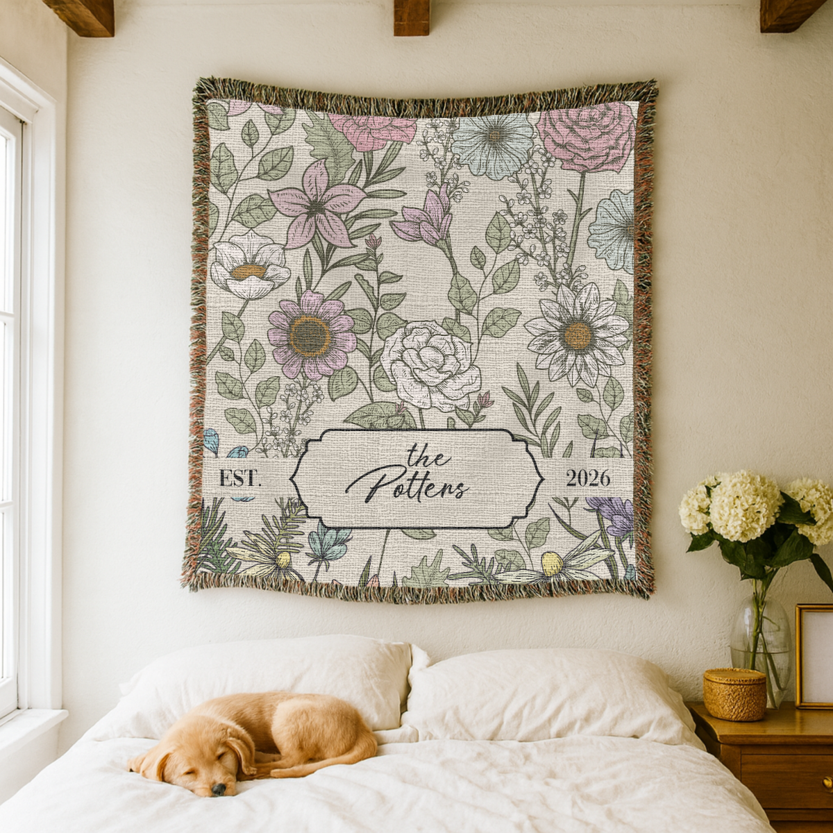 Personalized Family Name Woven Blanket, Custom Floral Throw Blanket, Botanical Housewarming Gift, Wedding Keepsake, Est Date Gift