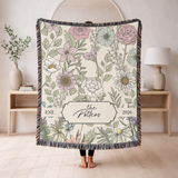 Personalized Family Name Woven Blanket, Custom Floral Throw Blanket, Botanical Housewarming Gift, Wedding Keepsake, Est Date Gift