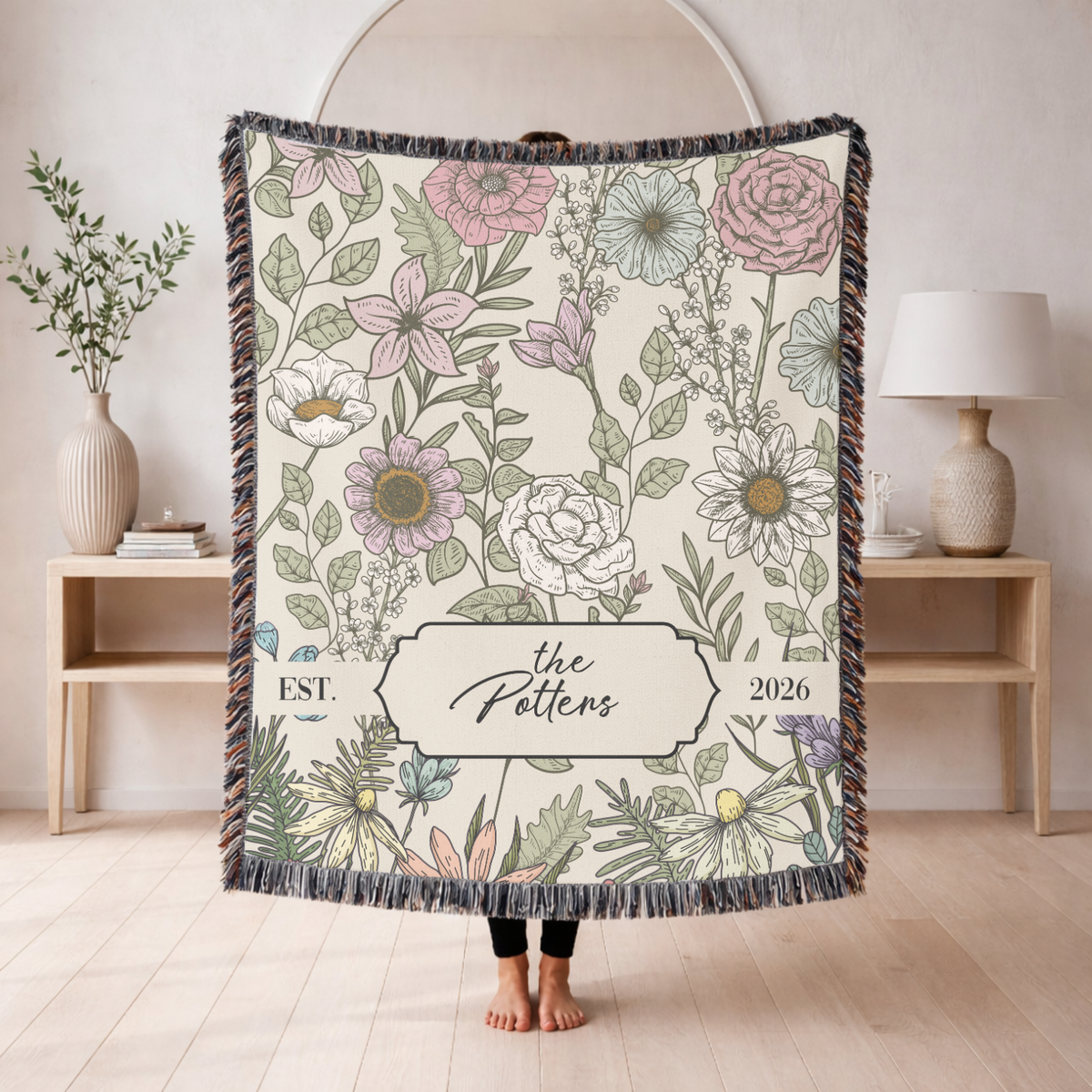Personalized Family Name Woven Blanket, Custom Floral Throw Blanket, Botanical Housewarming Gift, Wedding Keepsake, Est Date Gift