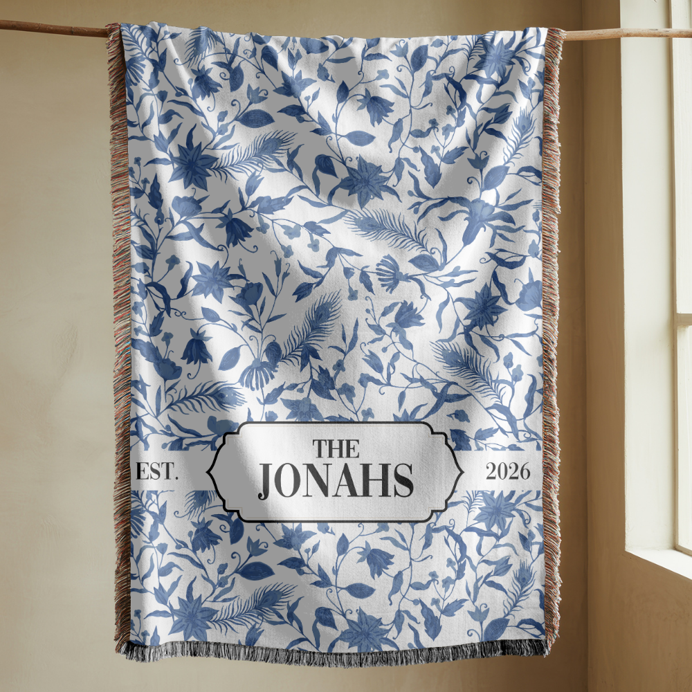 Personalized Family Name Woven Blanket, Custom Blue Floral Throw Blanket, Botanical Housewarming Gift, Wedding Keepsake, Est Date