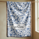 Personalized Family Name Woven Blanket, Custom Blue Floral Throw Blanket, Botanical Housewarming Gift, Wedding Keepsake, Est Date