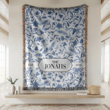 Personalized Family Name Woven Blanket, Custom Blue Floral Throw Blanket, Botanical Housewarming Gift, Wedding Keepsake, Est Date