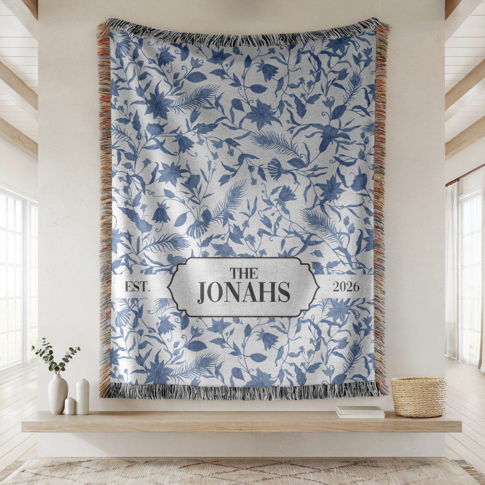 Personalized Family Name Woven Blanket, Custom Blue Floral Throw Blanket, Botanical Housewarming Gift, Wedding Keepsake, Est Date