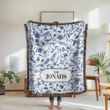 Personalized Family Name Woven Blanket, Custom Blue Floral Throw Blanket, Botanical Housewarming Gift, Wedding Keepsake, Est Date