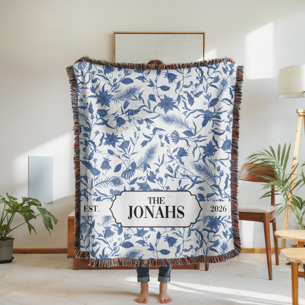 Personalized Family Name Woven Blanket, Custom Blue Floral Throw Blanket, Botanical Housewarming Gift, Wedding Keepsake, Est Date