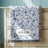Personalized Family Name Woven Blanket, Custom Blue Floral Throw Blanket, Botanical Housewarming Gift, Wedding Keepsake, Est Date