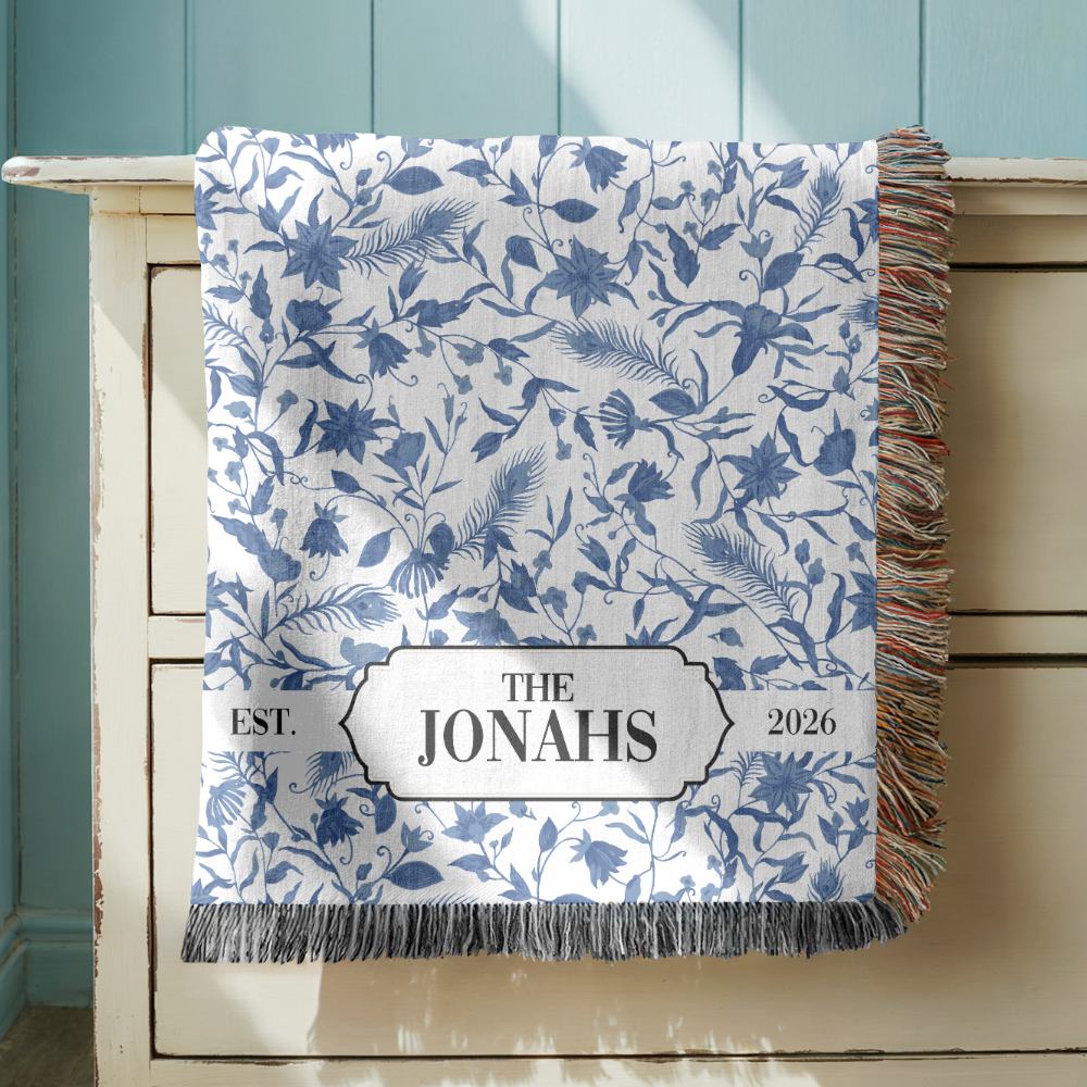 Personalized Family Name Woven Blanket, Custom Blue Floral Throw Blanket, Botanical Housewarming Gift, Wedding Keepsake, Est Date