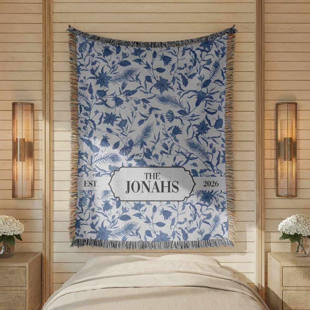 Personalized Family Name Woven Blanket, Custom Blue Floral Throw Blanket, Botanical Housewarming Gift, Wedding Keepsake, Est Date