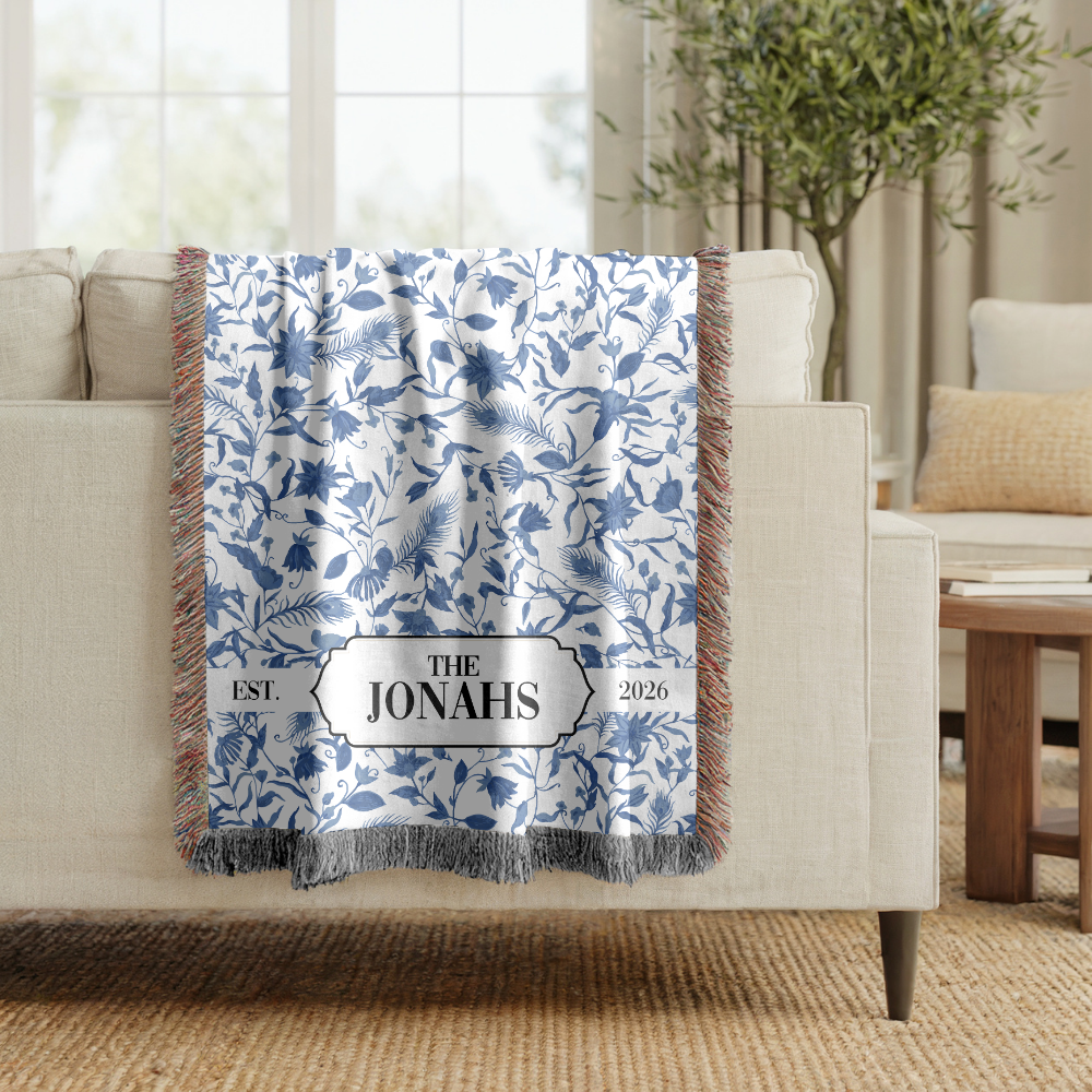Personalized Family Name Woven Blanket, Custom Blue Floral Throw Blanket, Botanical Housewarming Gift, Wedding Keepsake, Est Date