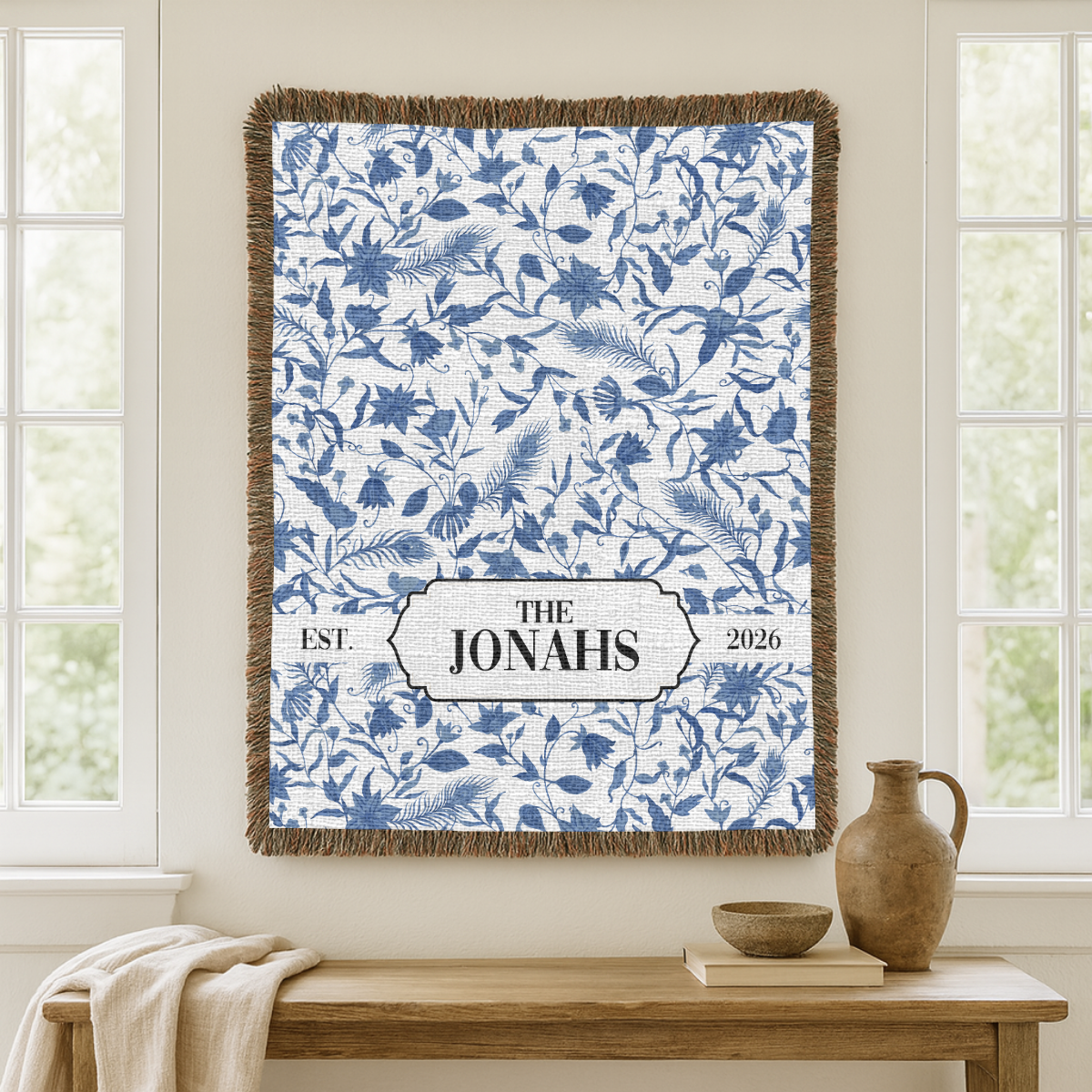 Personalized Family Name Woven Blanket, Custom Blue Floral Throw Blanket, Botanical Housewarming Gift, Wedding Keepsake, Est Date
