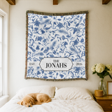 Personalized Family Name Woven Blanket, Custom Blue Floral Throw Blanket, Botanical Housewarming Gift, Wedding Keepsake, Est Date