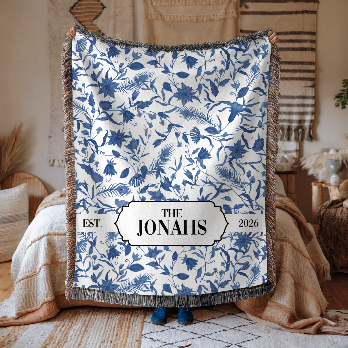 Personalized Family Name Woven Blanket, Custom Blue Floral Throw Blanket, Botanical Housewarming Gift, Wedding Keepsake, Est Date