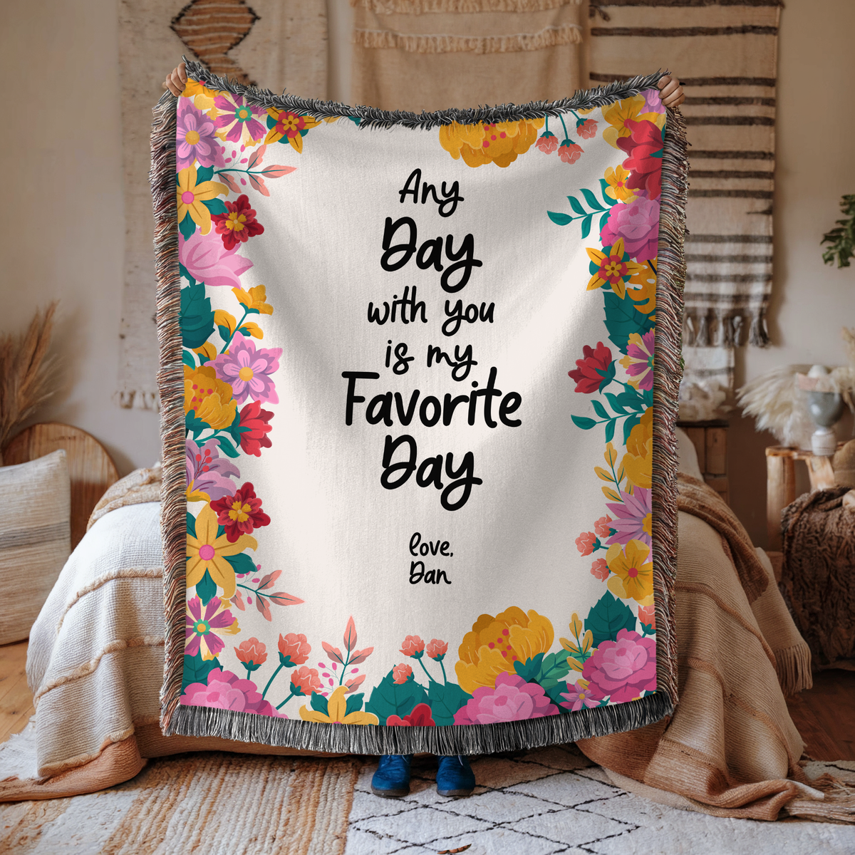 Personalized Love Quote Woven Blanket, Custom Couple Throw Blanket, Romantic Anniversary Gift, Floral Keepsake, Valentine's Gift