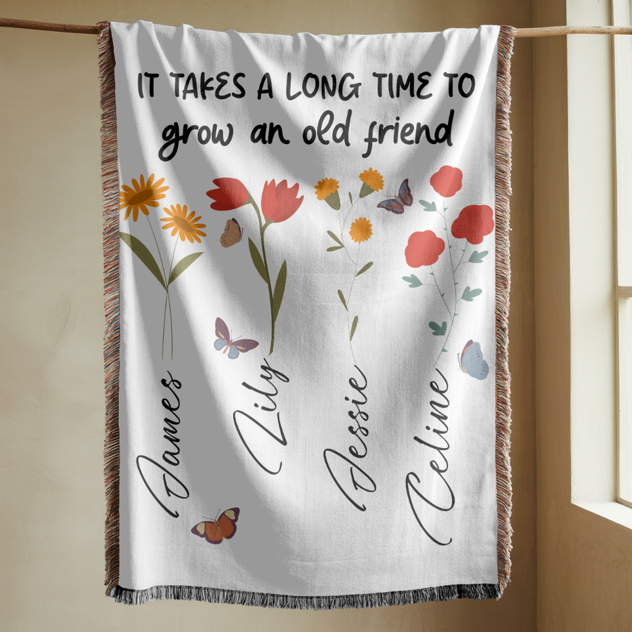 Personalized Friendship Woven Blanket, Custom Best Friend Gift, Floral Name Throw Blanket, Meaningful Friends Keepsake, Cozy Gift