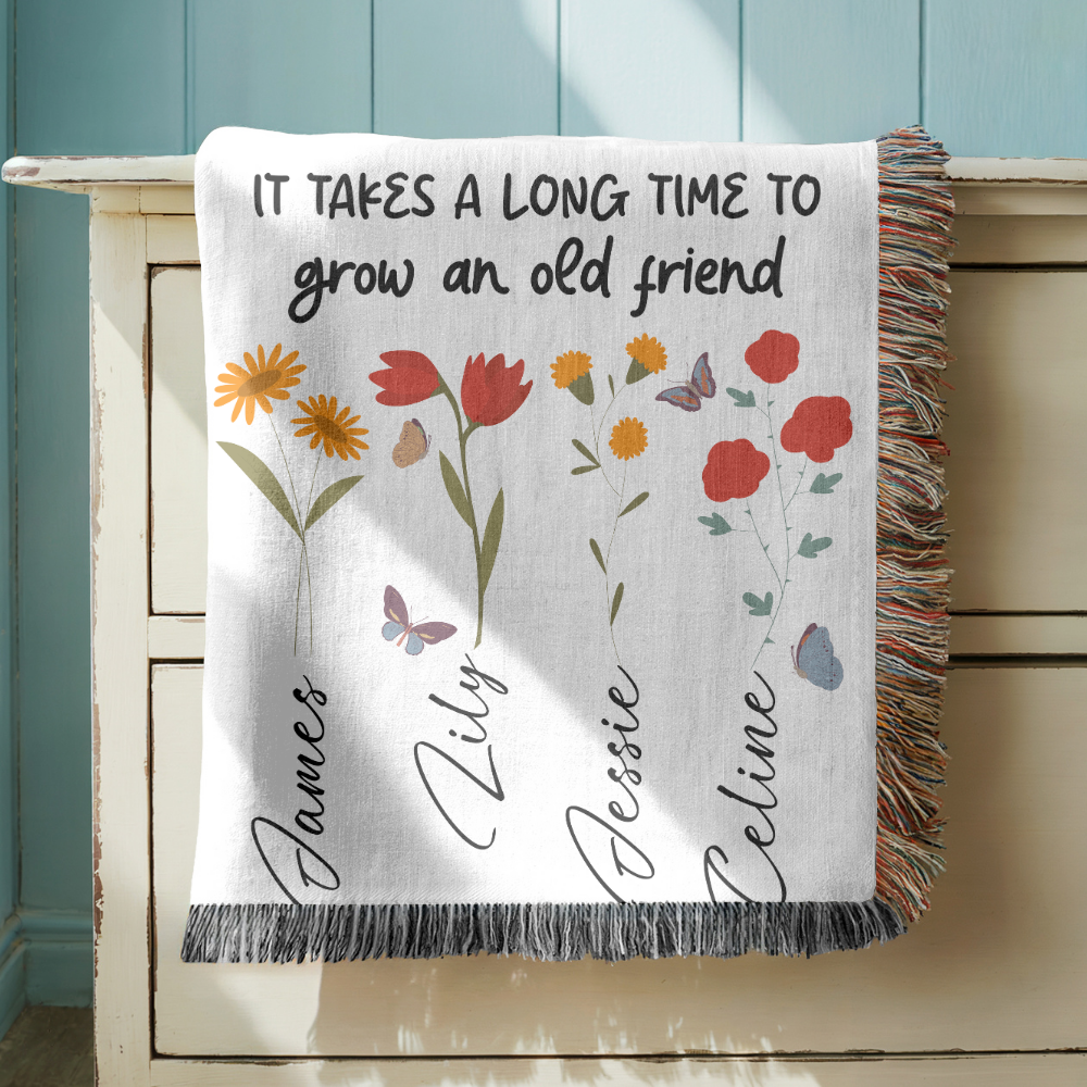 Personalized Friendship Woven Blanket, Custom Best Friend Gift, Floral Name Throw Blanket, Meaningful Friends Keepsake, Cozy Gift