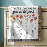 Personalized Friendship Woven Blanket, Custom Best Friend Gift, Floral Name Throw Blanket, Meaningful Friends Keepsake, Cozy Gift