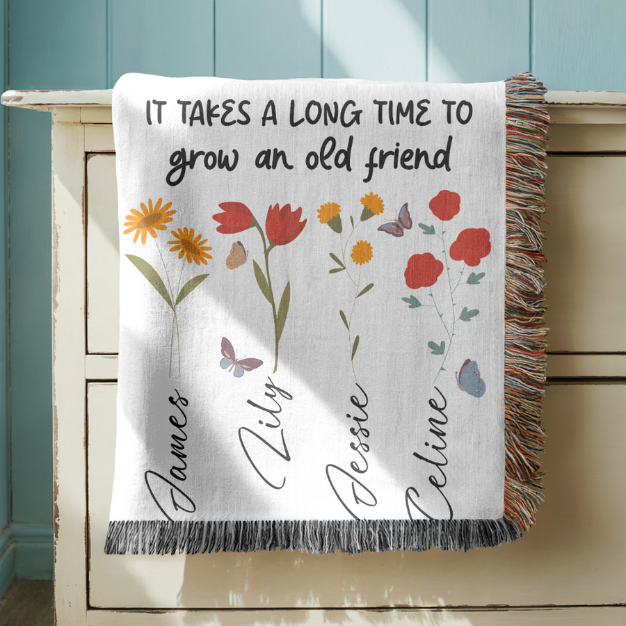 Personalized Friendship Woven Blanket, Custom Best Friend Gift, Floral Name Throw Blanket, Meaningful Friends Keepsake, Cozy Gift