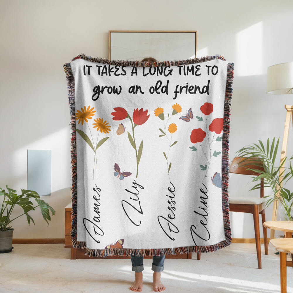 Personalized Friendship Woven Blanket, Custom Best Friend Gift, Floral Name Throw Blanket, Meaningful Friends Keepsake, Cozy Gift