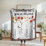 Personalized Friendship Woven Blanket, Custom Best Friend Gift, Floral Name Throw Blanket, Meaningful Friends Keepsake, Cozy Gift