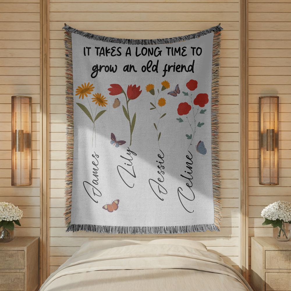 Personalized Friendship Woven Blanket, Custom Best Friend Gift, Floral Name Throw Blanket, Meaningful Friends Keepsake, Cozy Gift