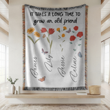 Personalized Friendship Woven Blanket, Custom Best Friend Gift, Floral Name Throw Blanket, Meaningful Friends Keepsake, Cozy Gift