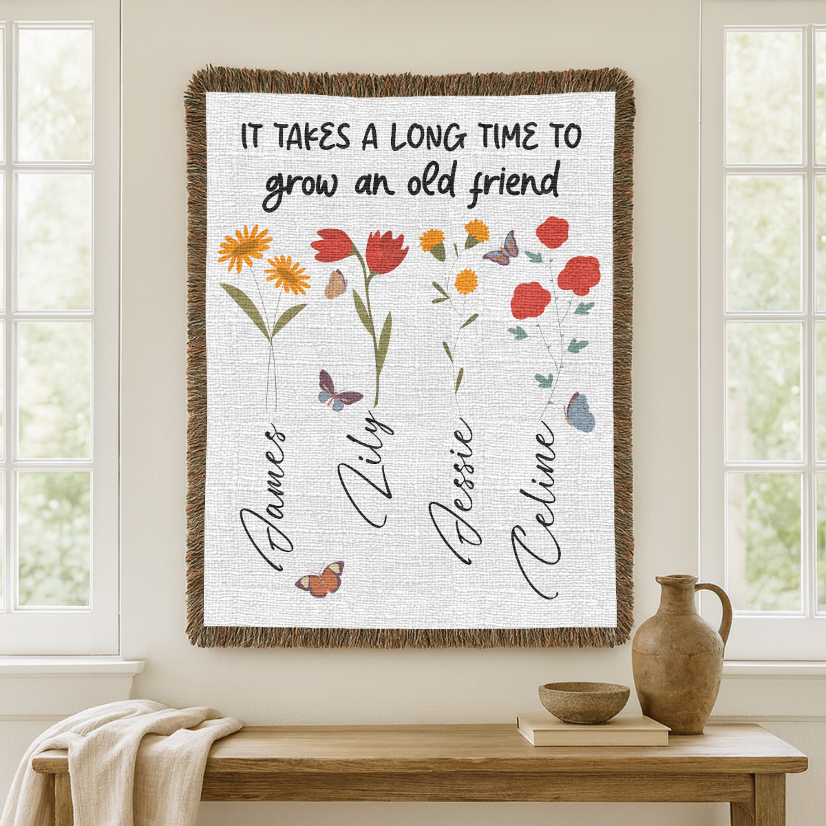 Personalized Friendship Woven Blanket, Custom Best Friend Gift, Floral Name Throw Blanket, Meaningful Friends Keepsake, Cozy Gift