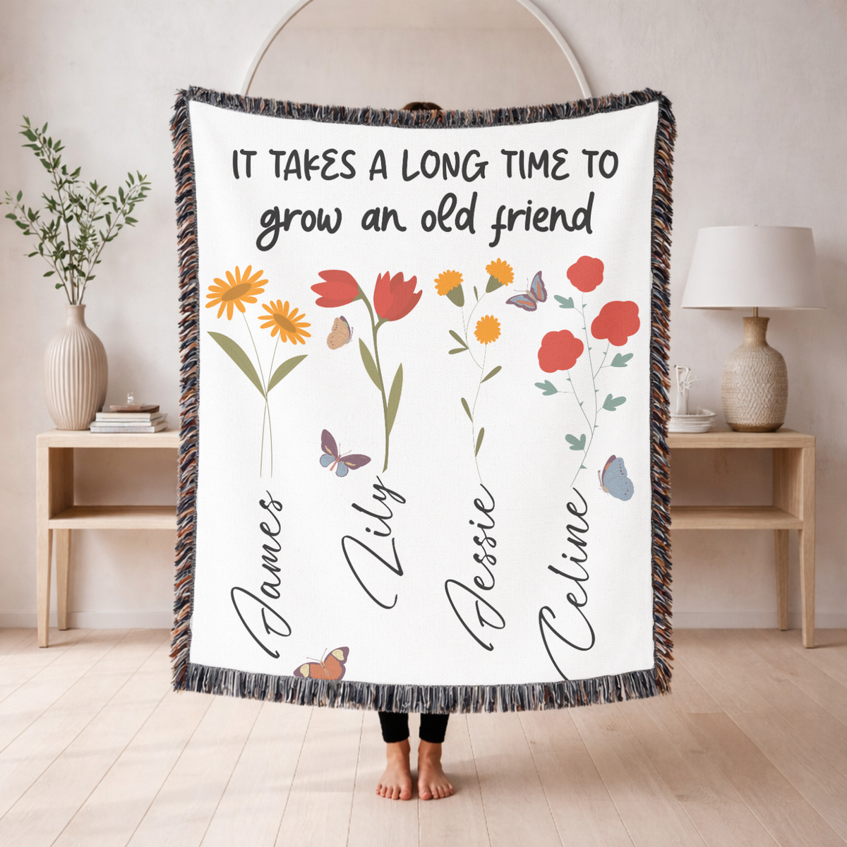 Personalized Friendship Woven Blanket, Custom Best Friend Gift, Floral Name Throw Blanket, Meaningful Friends Keepsake, Cozy Gift