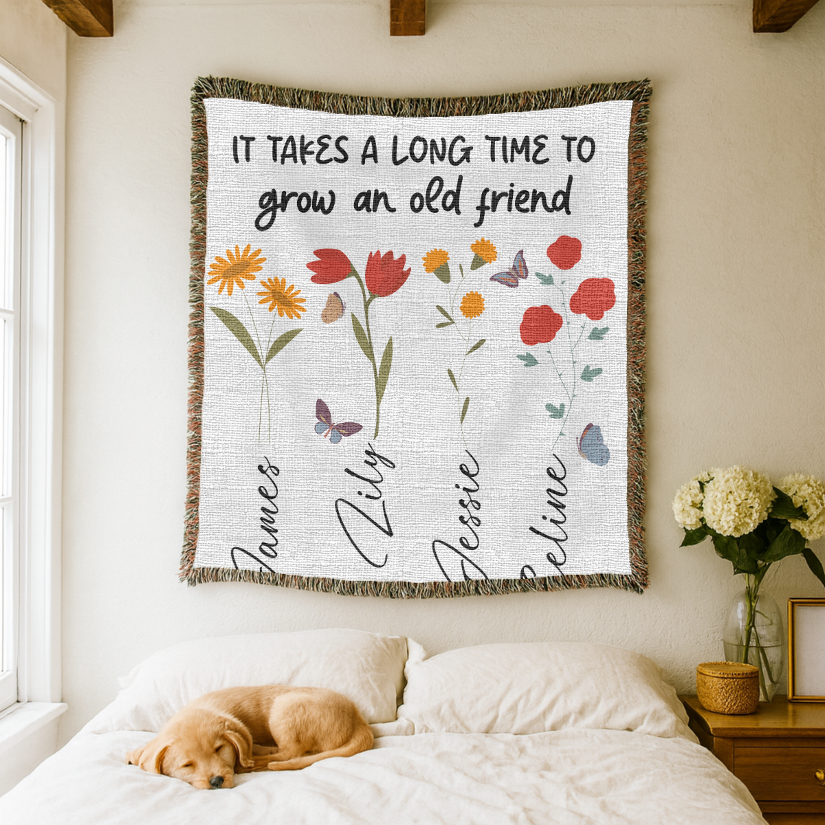 Personalized Friendship Woven Blanket, Custom Best Friend Gift, Floral Name Throw Blanket, Meaningful Friends Keepsake, Cozy Gift