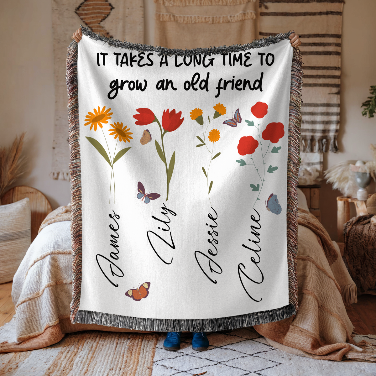 Personalized Friendship Woven Blanket, Custom Best Friend Gift, Floral Name Throw Blanket, Meaningful Friends Keepsake, Cozy Gift