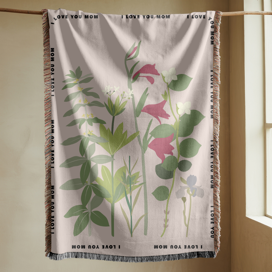 Personalized Botanical Woven Blanket for Mom, Custom Wildflower Throw Blanket, Mother's Day Gift, Floral Keepsake, I Love You Mom