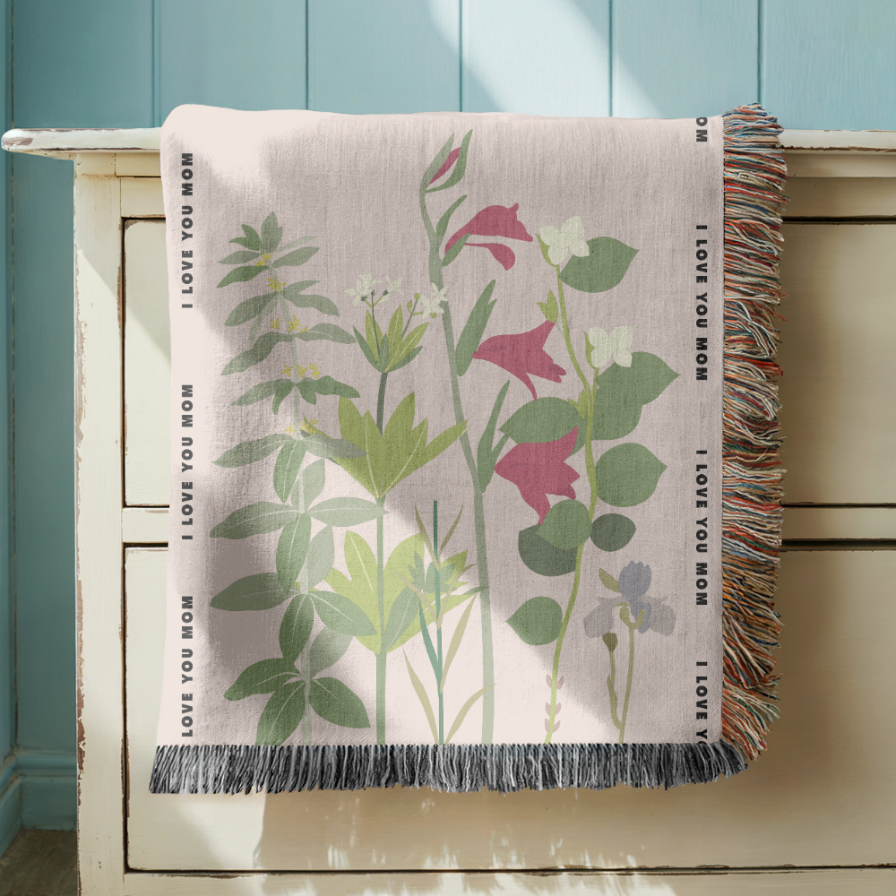 Personalized Botanical Woven Blanket for Mom, Custom Wildflower Throw Blanket, Mother's Day Gift, Floral Keepsake, I Love You Mom