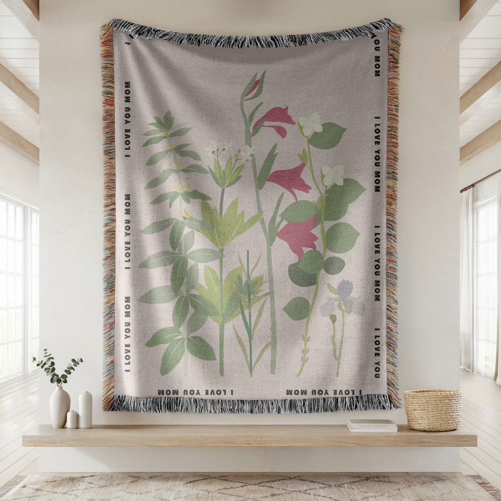 Personalized Botanical Woven Blanket for Mom, Custom Wildflower Throw Blanket, Mother's Day Gift, Floral Keepsake, I Love You Mom