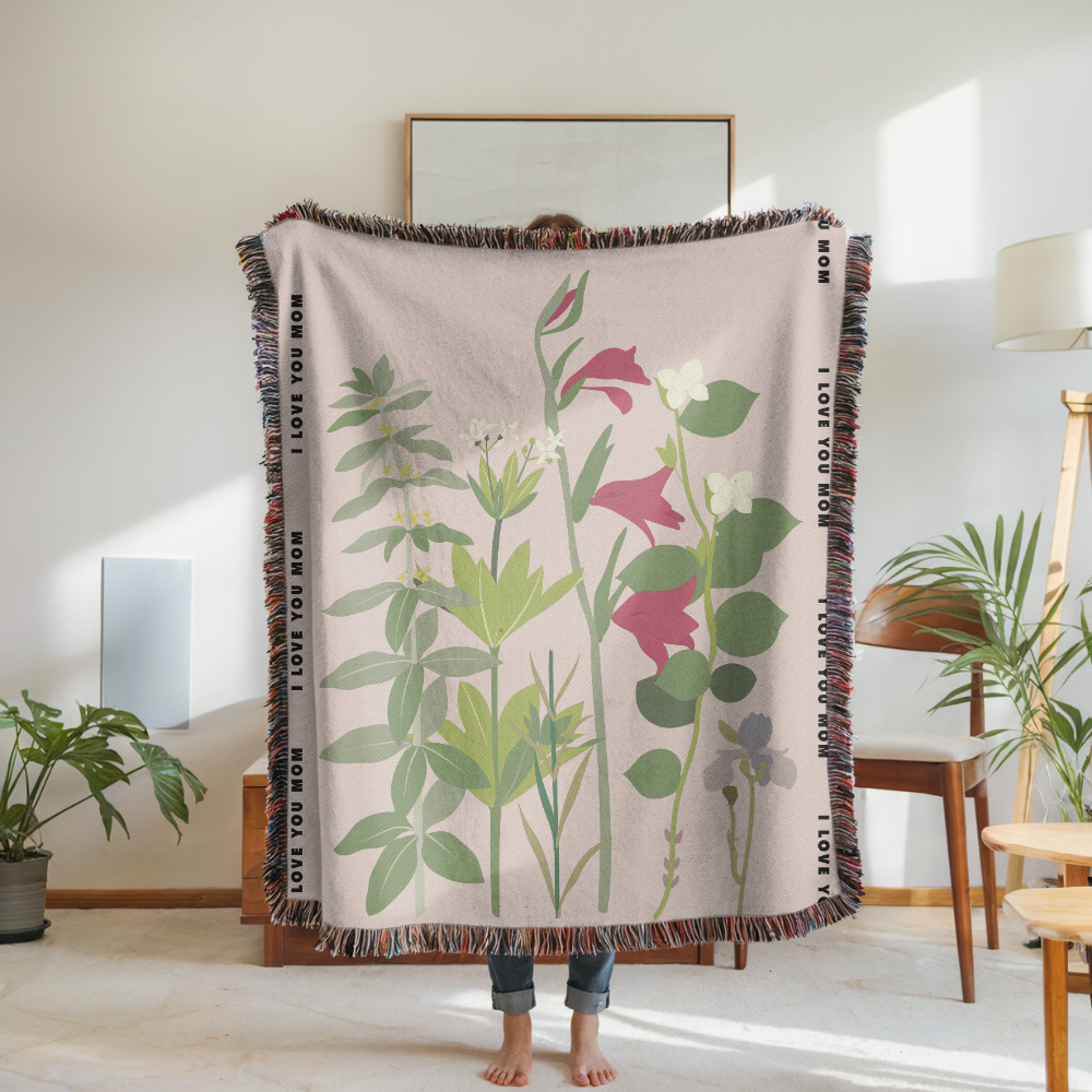 Personalized Botanical Woven Blanket for Mom, Custom Wildflower Throw Blanket, Mother's Day Gift, Floral Keepsake, I Love You Mom