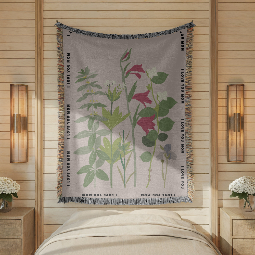 Personalized Botanical Woven Blanket for Mom, Custom Wildflower Throw Blanket, Mother's Day Gift, Floral Keepsake, I Love You Mom