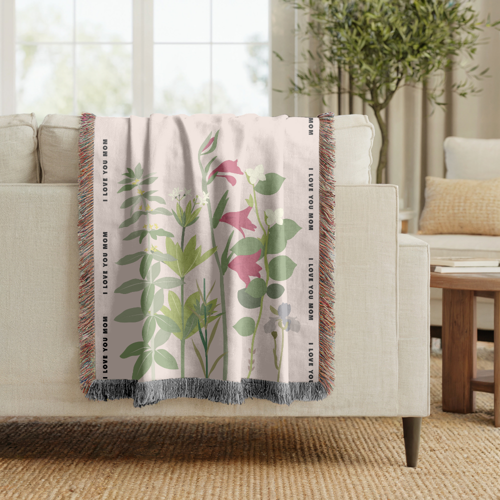 Personalized Botanical Woven Blanket for Mom, Custom Wildflower Throw Blanket, Mother's Day Gift, Floral Keepsake, I Love You Mom