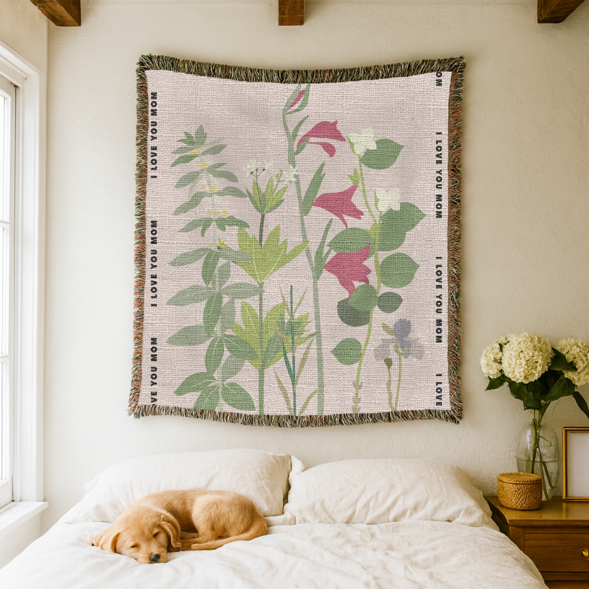 Personalized Botanical Woven Blanket for Mom, Custom Wildflower Throw Blanket, Mother's Day Gift, Floral Keepsake, I Love You Mom