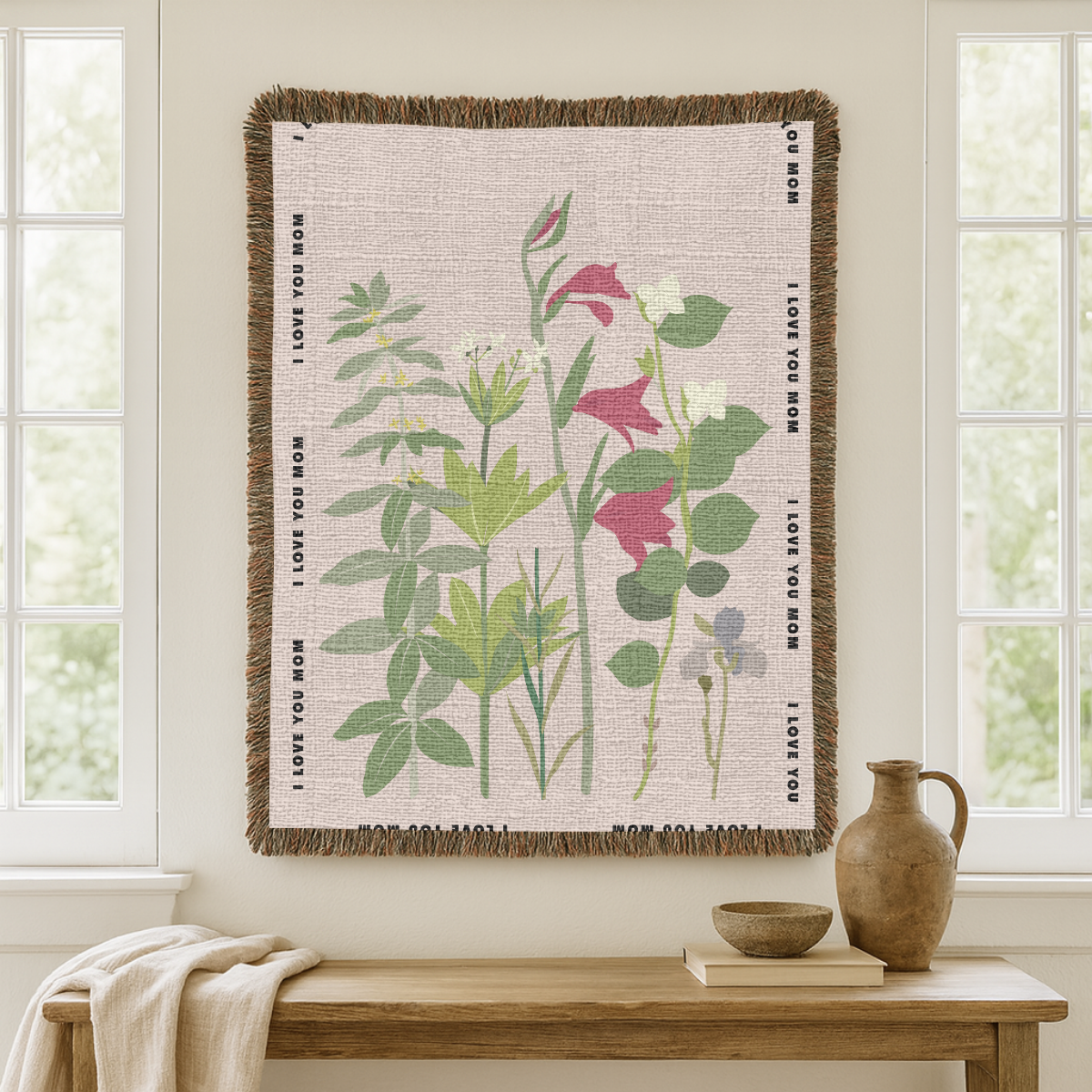 Personalized Botanical Woven Blanket for Mom, Custom Wildflower Throw Blanket, Mother's Day Gift, Floral Keepsake, I Love You Mom