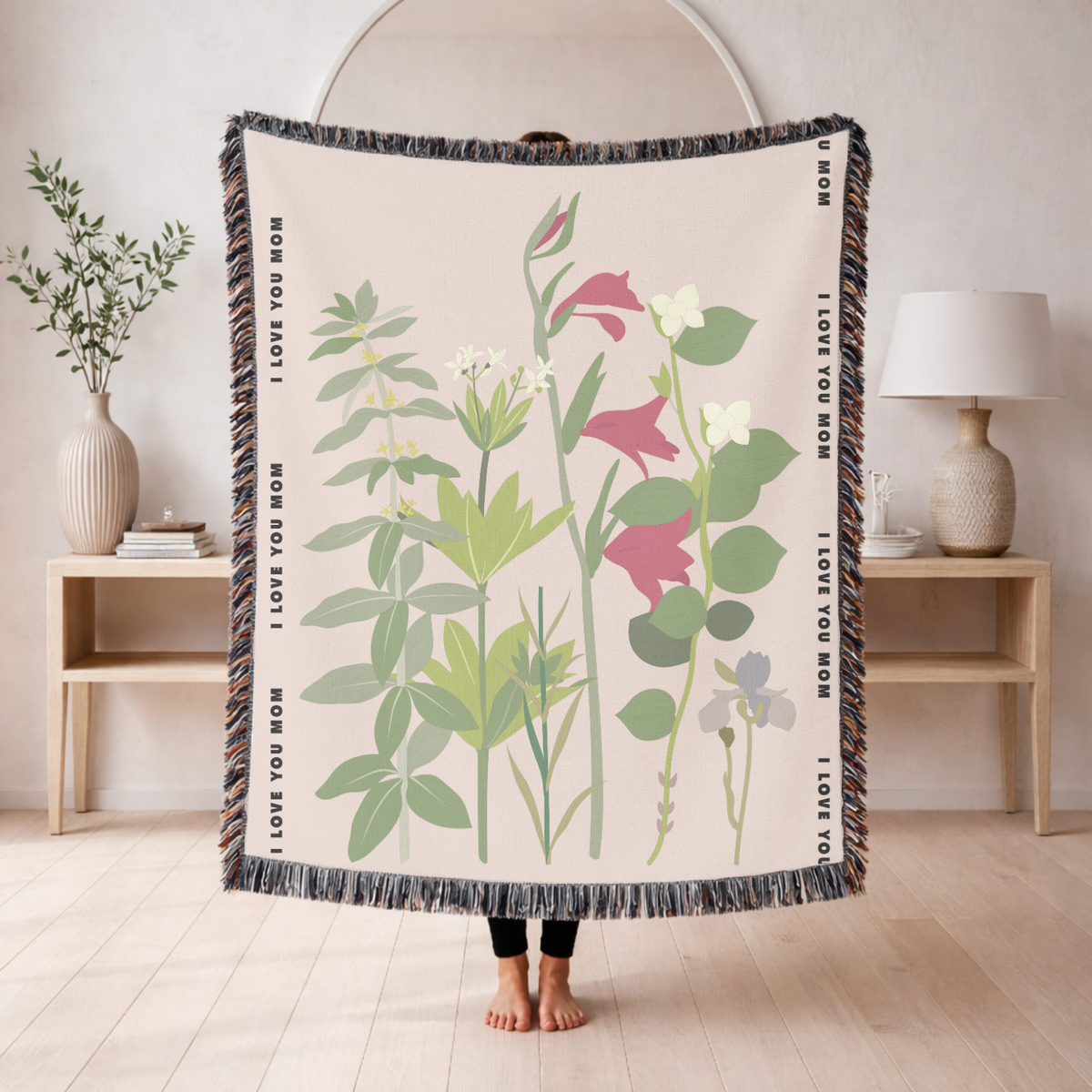 Personalized Botanical Woven Blanket for Mom, Custom Wildflower Throw Blanket, Mother's Day Gift, Floral Keepsake, I Love You Mom