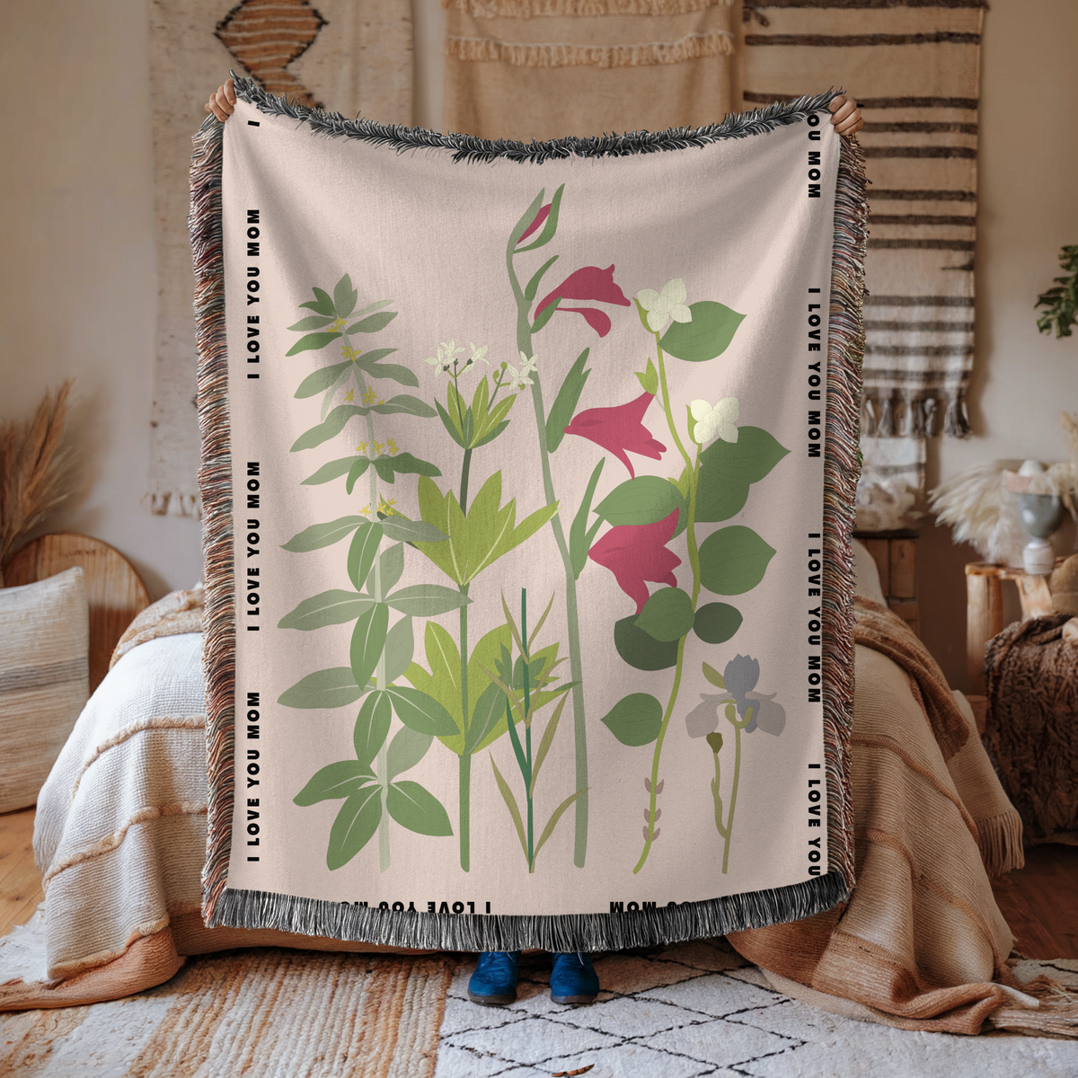 Personalized Botanical Woven Blanket for Mom, Custom Wildflower Throw Blanket, Mother's Day Gift, Floral Keepsake, I Love You Mom