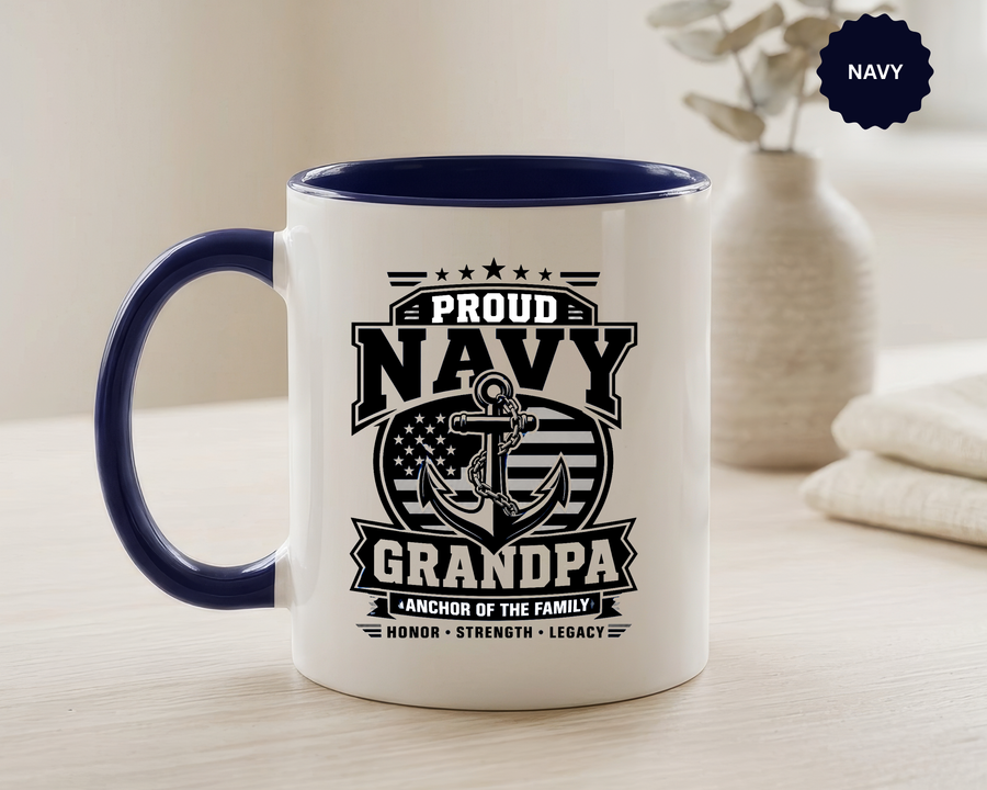 Proud Navy Grandpa Mug, US Navy Veteran Coffee Cup, Patriotic Military Grandfather Gift, Anchor of the Family Birthday Present