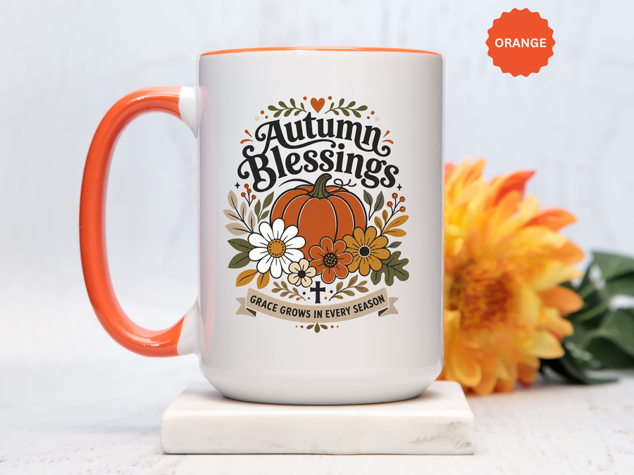 Autumn Blessings Christian Mug, Grace Grows in Every Season Coffee Cup, Faith Based Fall Gift, Floral Pumpkin Thanksgiving Decor